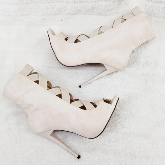 * Mona Mia Nude Peep Toe Wide Elastic Straps 4 3/4" Stiletto Heel Ankle Boots - Picture 6 of 9
